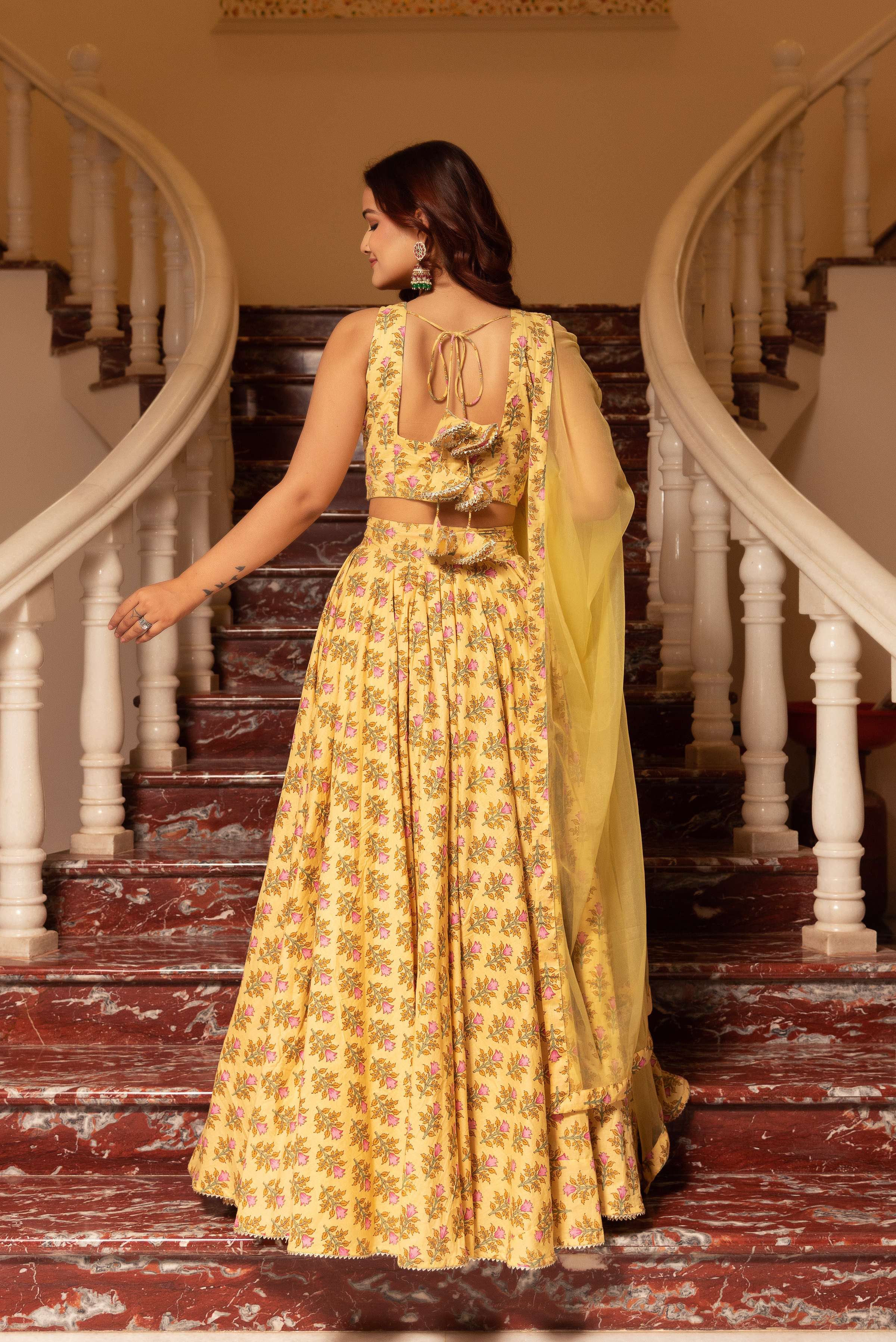 Pomcha Jaipur Kapas Lemon Yellow Floral Lehenga Set - Distacart
