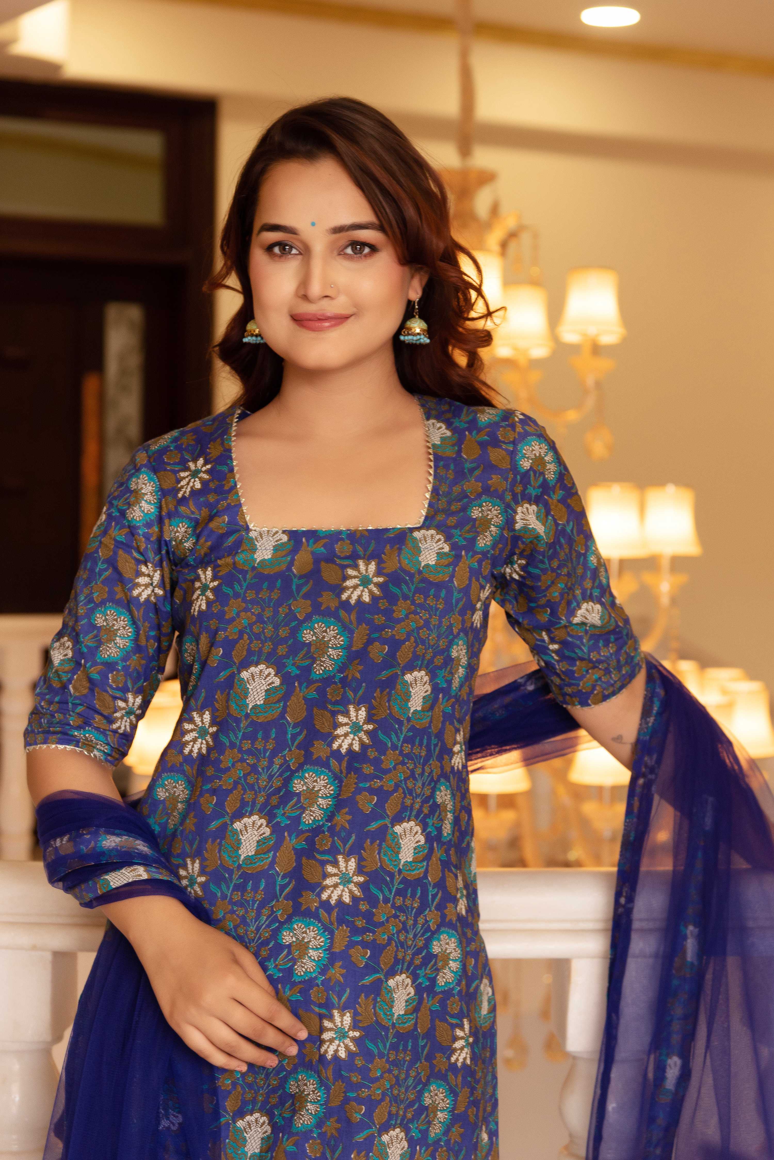 Pomcha Jaipur Kapas Royal Blue Suit Set - Distacart