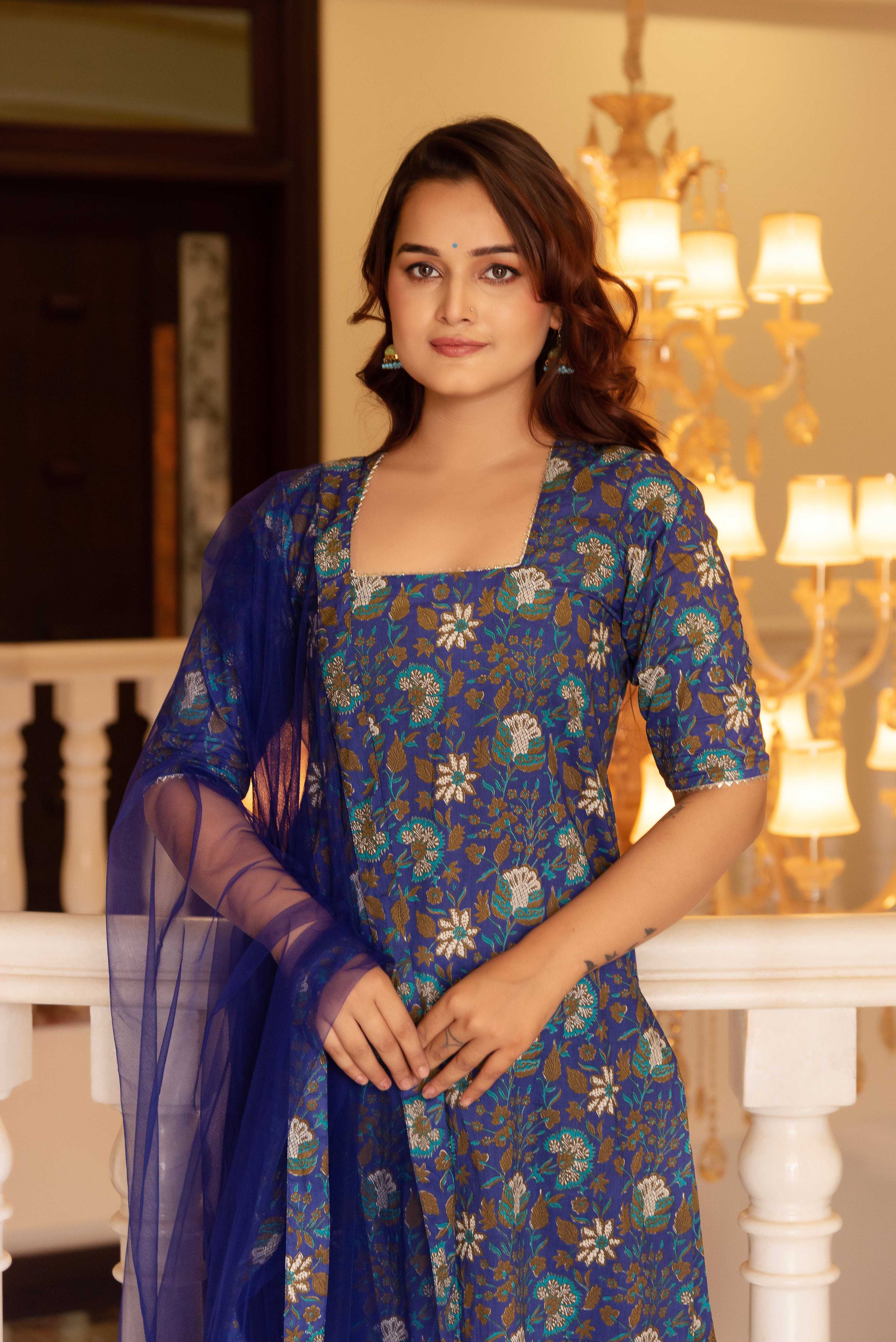 Pomcha Jaipur Kapas Royal Blue Suit Set - Distacart