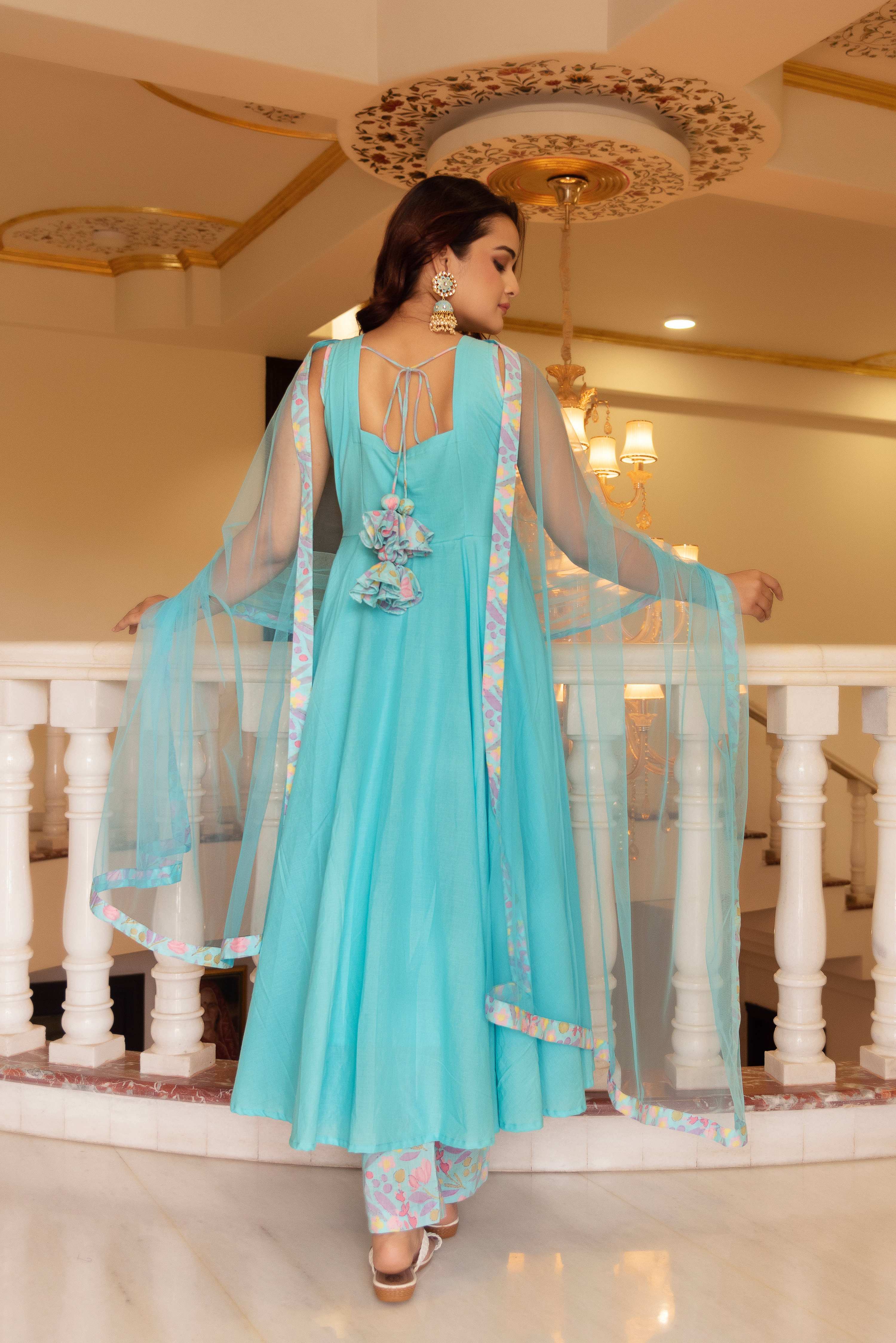 Pomcha Jaipur Kapas Pastel Blue Sleeveless Anarkali Set - Distacart