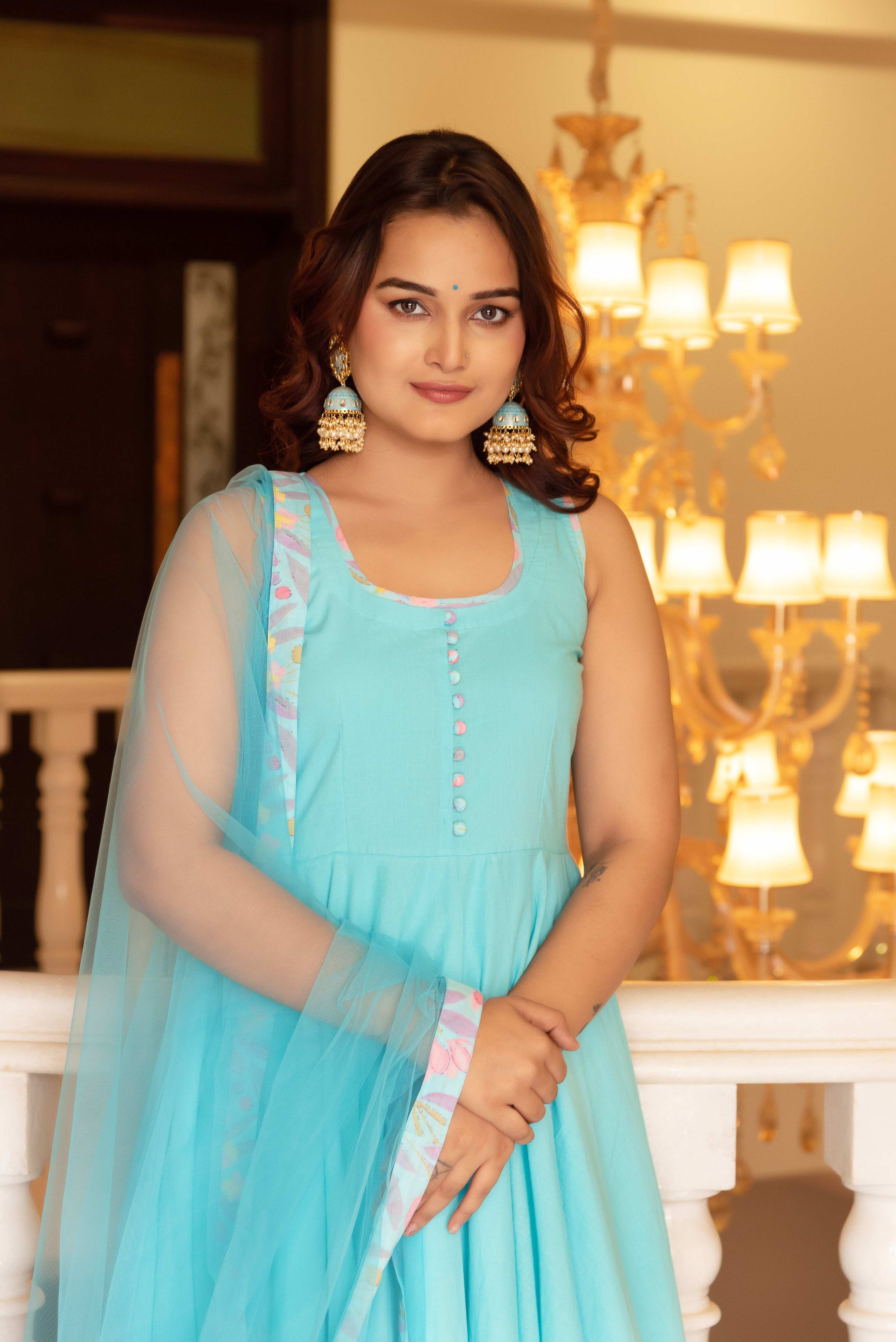 Pomcha Jaipur Kapas Pastel Blue Sleeveless Anarkali Set - Distacart