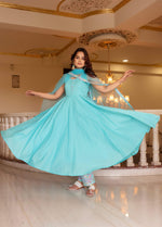 Thumbnail for Pomcha Jaipur Kapas Pastel Blue Sleeveless Anarkali Set - Distacart
