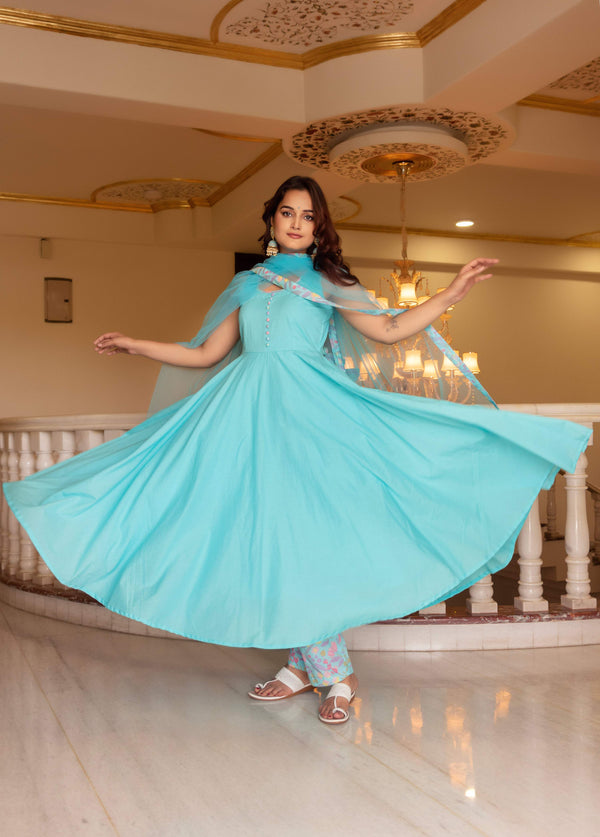 Pomcha Jaipur Kapas Pastel Blue Sleeveless Anarkali Set - Distacart