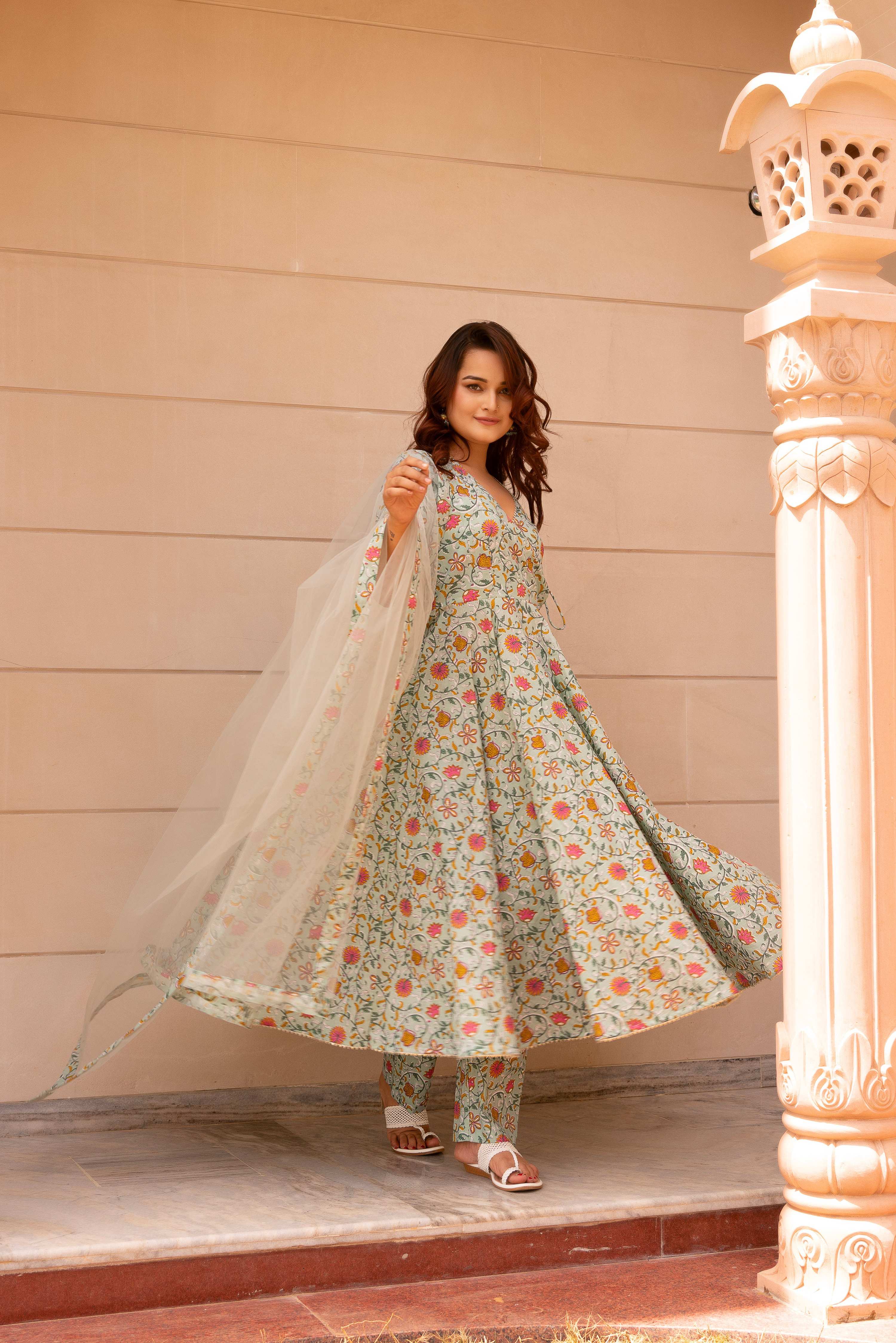 Pomcha Jaipur Kapas Pastel Green Anghrakha Set - Distacart