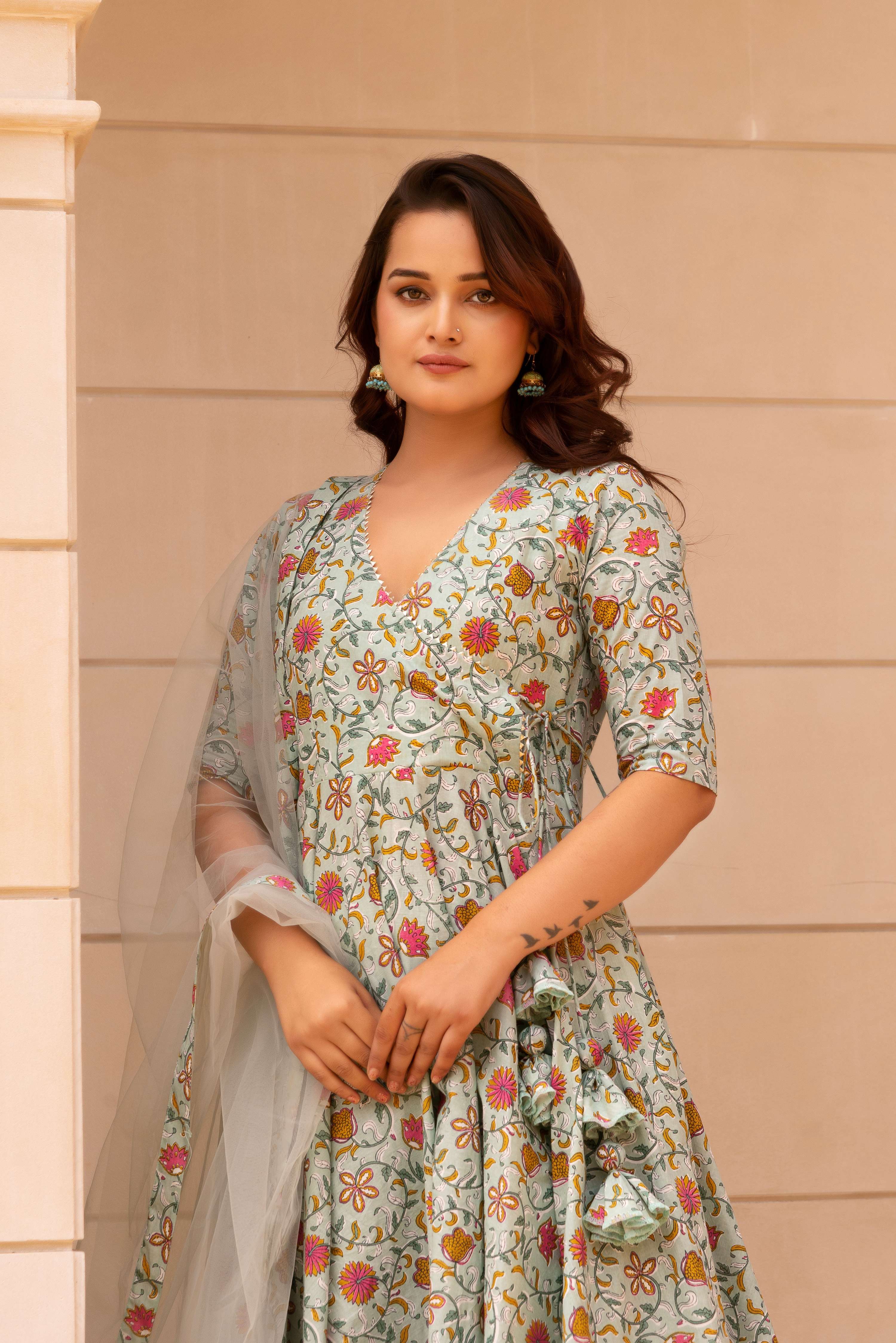 Pomcha Jaipur Kapas Pastel Green Anghrakha Set - Distacart