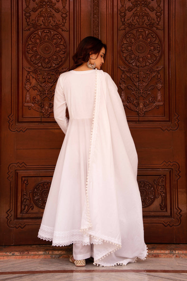 Pomcha Jaipur Kapas Ruhani Lace White Full Sleeve Anarkali Set - Distacart