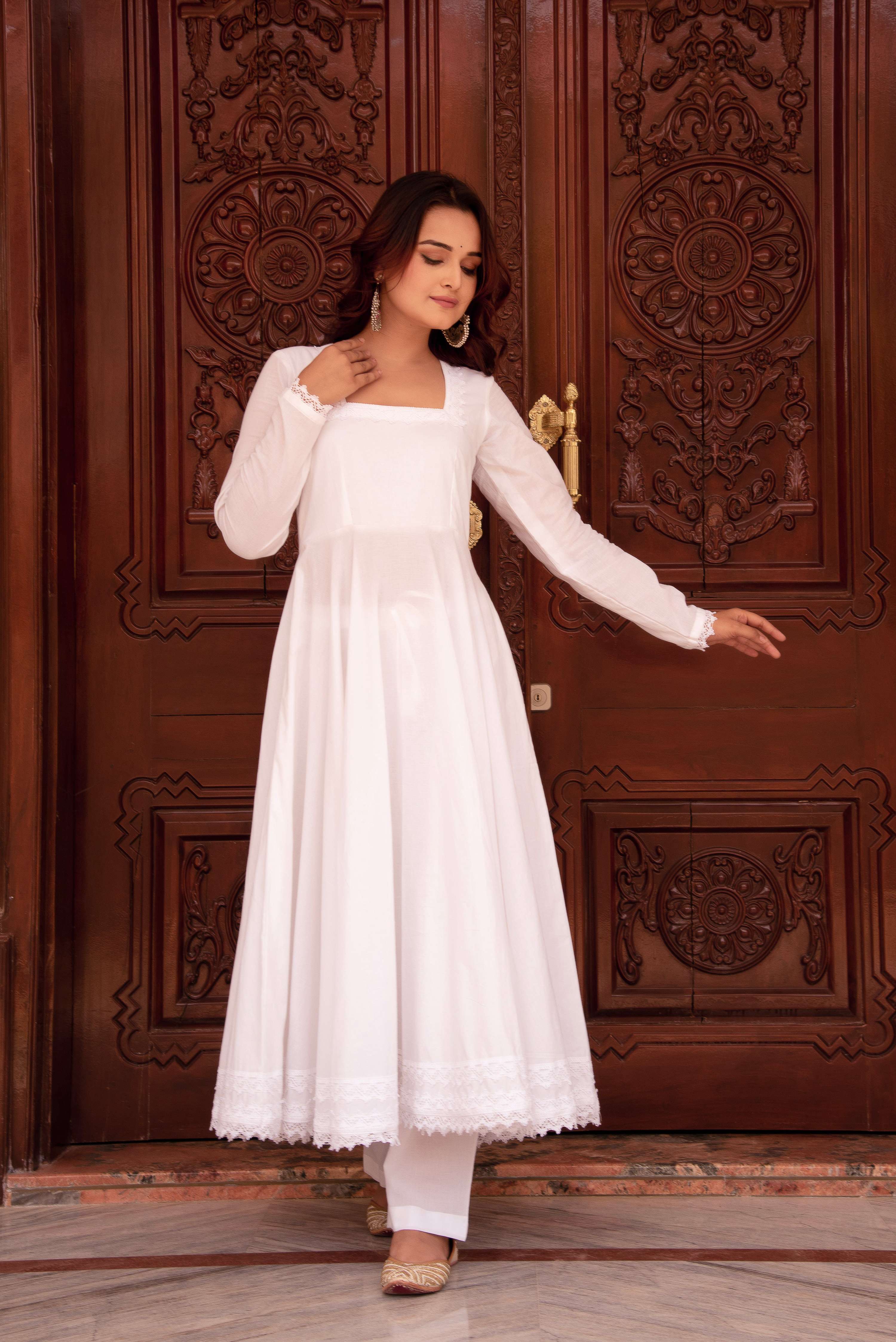 Pomcha Jaipur Kapas Ruhani Lace White Full Sleeve Anarkali Set - Distacart