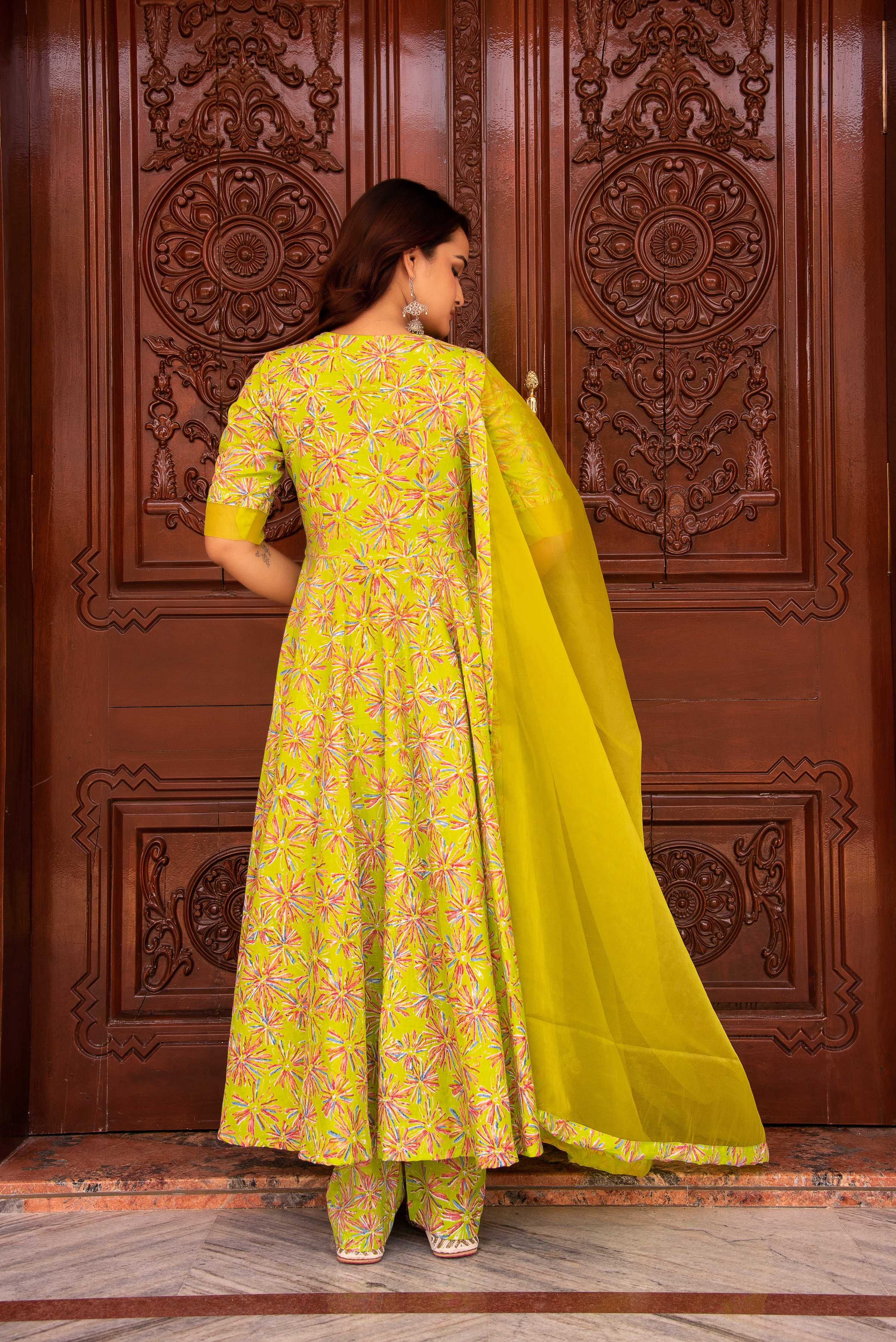 Pomcha Jaipur Kapas Green Anarkali Set - Distacart