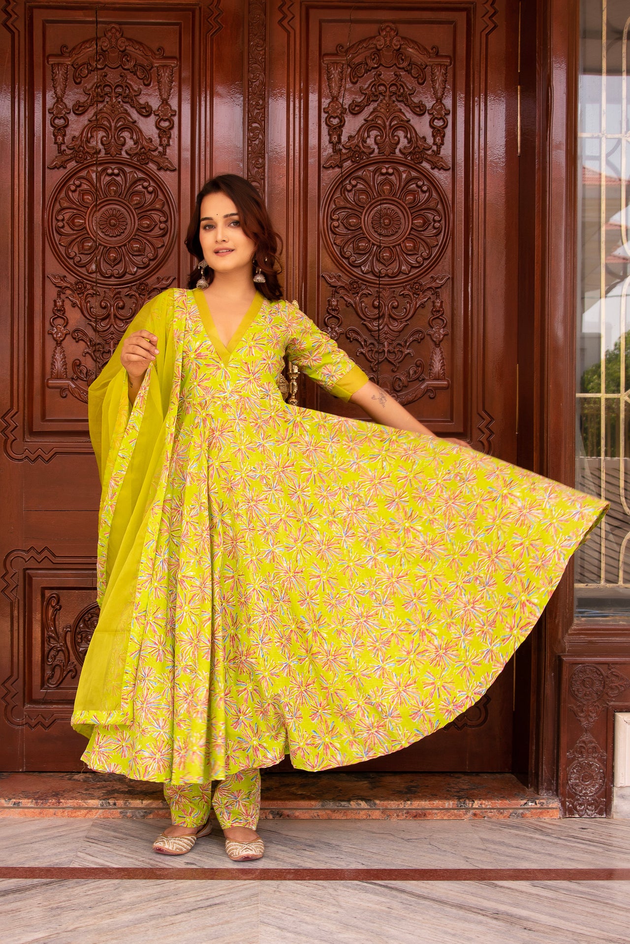 Pomcha Jaipur Kapas Green Anarkali Set