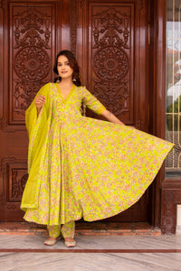 Thumbnail for Pomcha Jaipur Kapas Green Anarkali Set