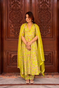 Thumbnail for Pomcha Jaipur Kapas Green Anarkali Set