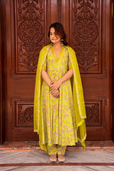 Pomcha Jaipur Kapas Green Anarkali Set - Distacart
