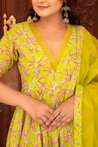 Thumbnail for Pomcha Jaipur Kapas Green Anarkali Set