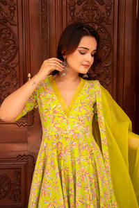 Thumbnail for Pomcha Jaipur Kapas Green Anarkali Set
