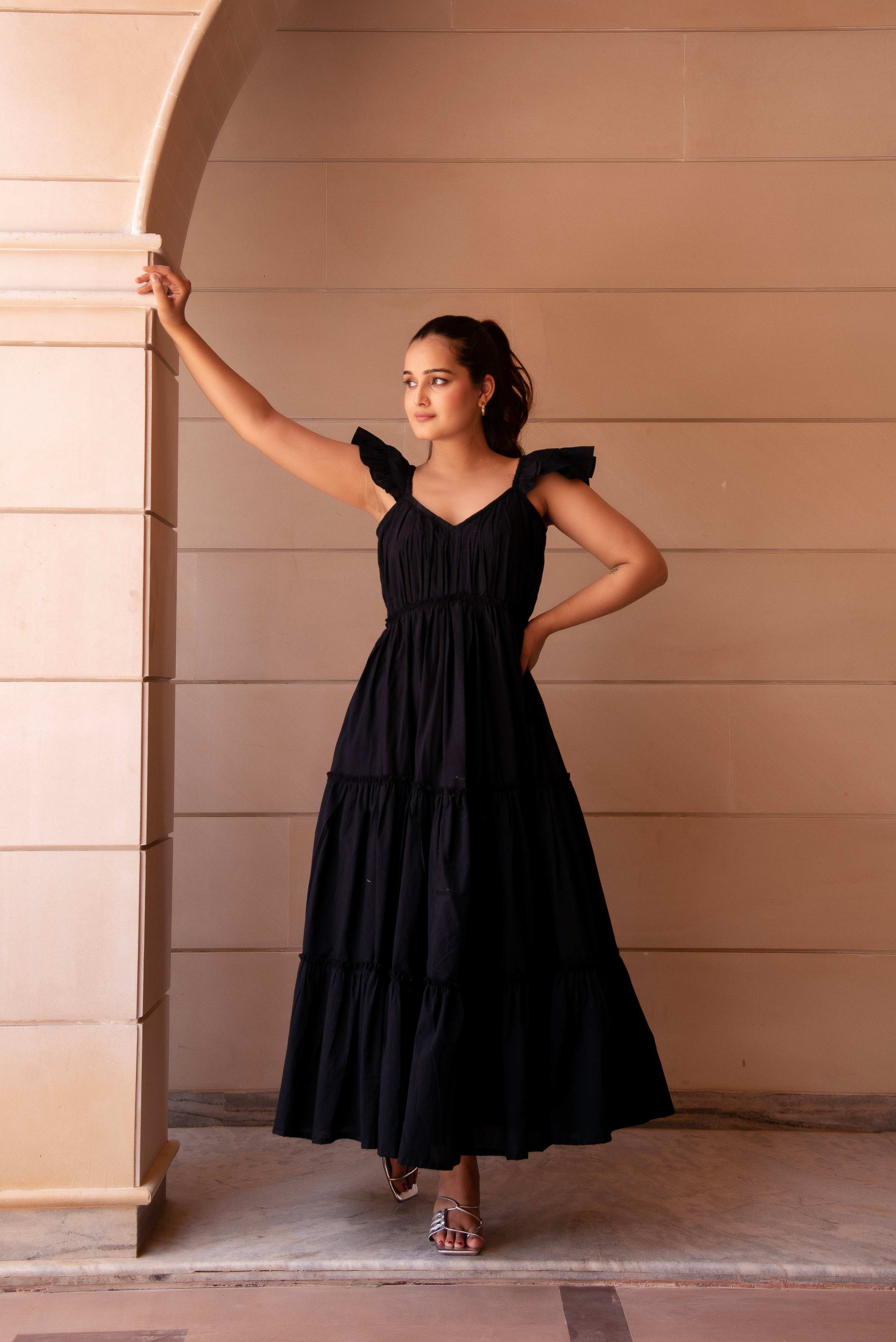 Pomcha Jaipur Kapas Black Tiered Dress - Distacart