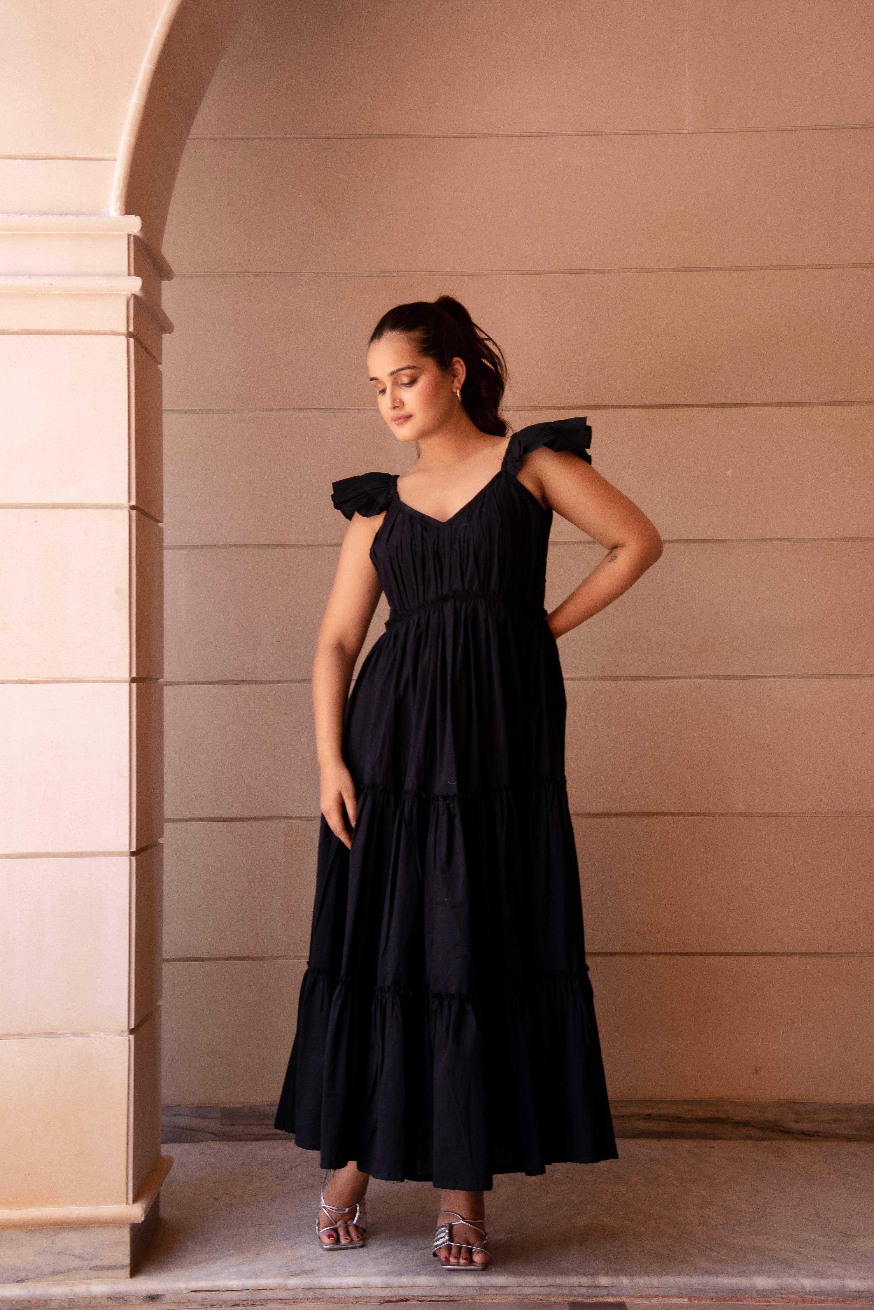 Pomcha Jaipur Kapas Black Tiered Dress - Distacart