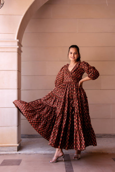 Pomcha Jaipur Kapas Red Phool Brown Ruffle Long Dress - Distacart