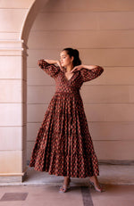 Thumbnail for Pomcha Jaipur Kapas Red Phool Brown Ruffle Long Dress - Distacart