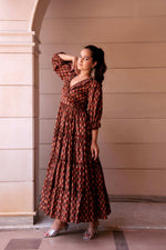 Thumbnail for Pomcha Jaipur Kapas Red Phool Brown Ruffle Long Dress - Distacart