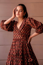 Thumbnail for Pomcha Jaipur Kapas Red Phool Brown Ruffle Long Dress - Distacart