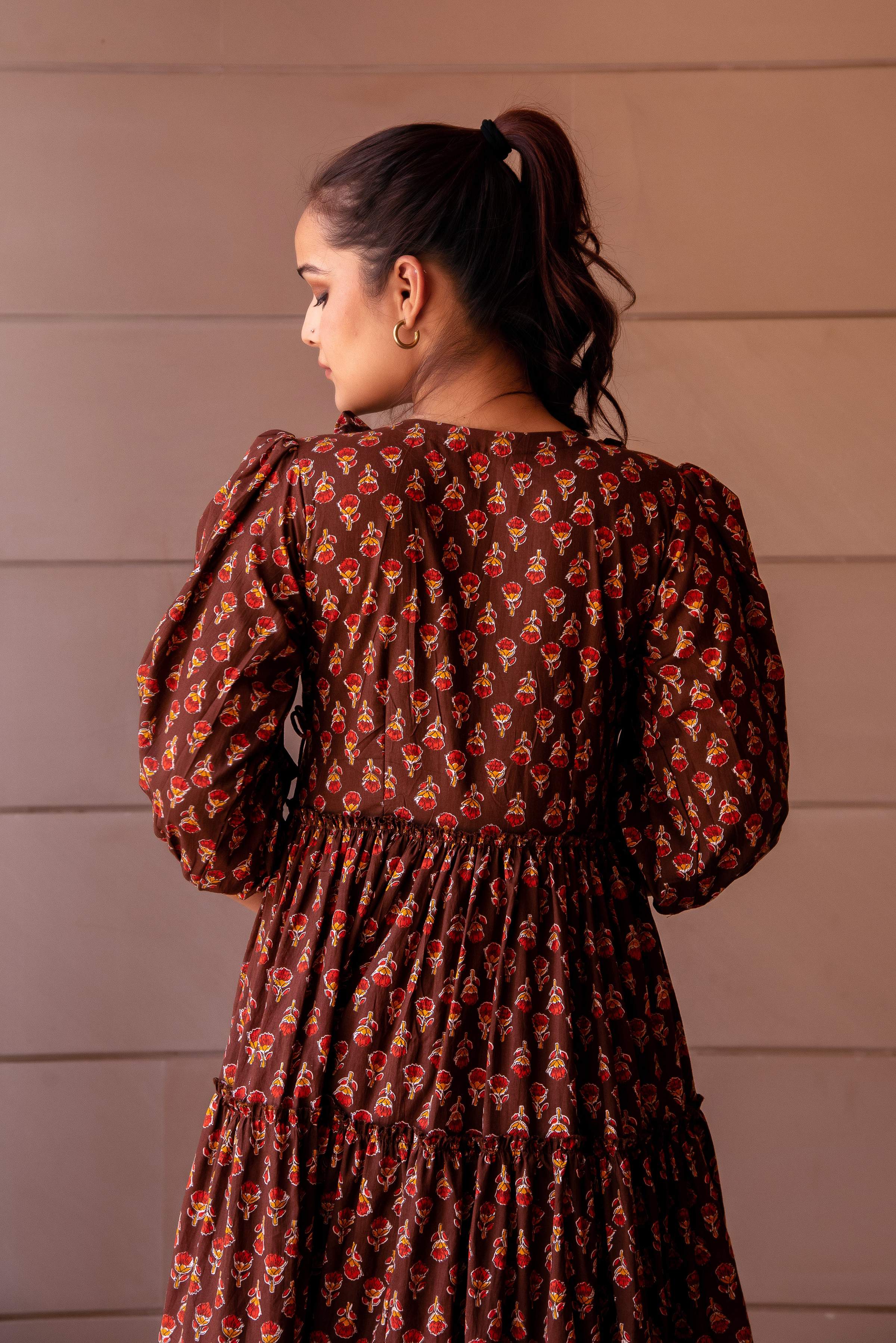 Pomcha Jaipur Kapas Red Phool Brown Ruffle Long Dress - Distacart