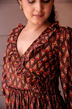 Thumbnail for Pomcha Jaipur Kapas Red Phool Brown Ruffle Long Dress - Distacart
