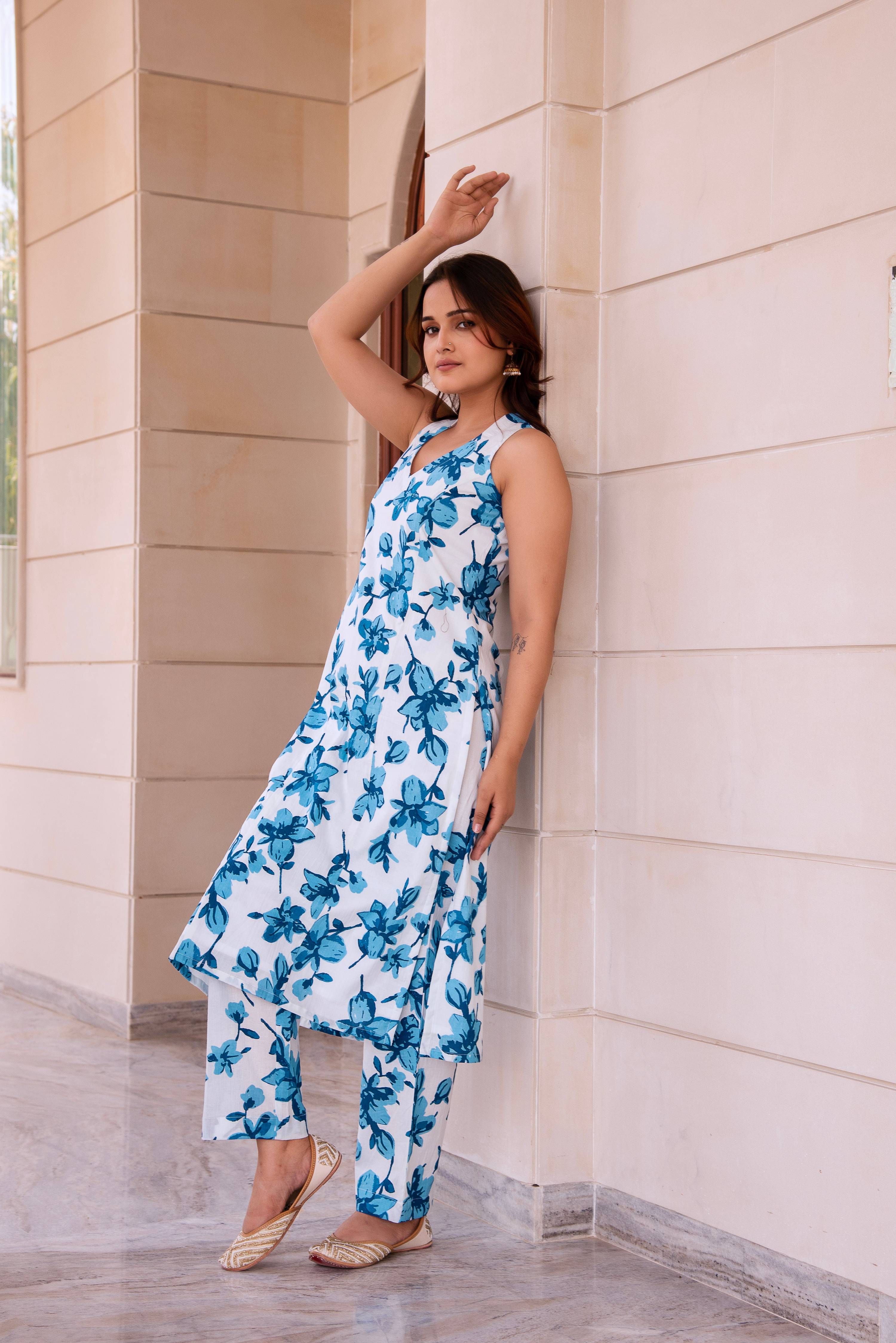 Pomcha Jaipur Kapas Blue Lilly Sleeveless Co-Ord Set - Distacart
