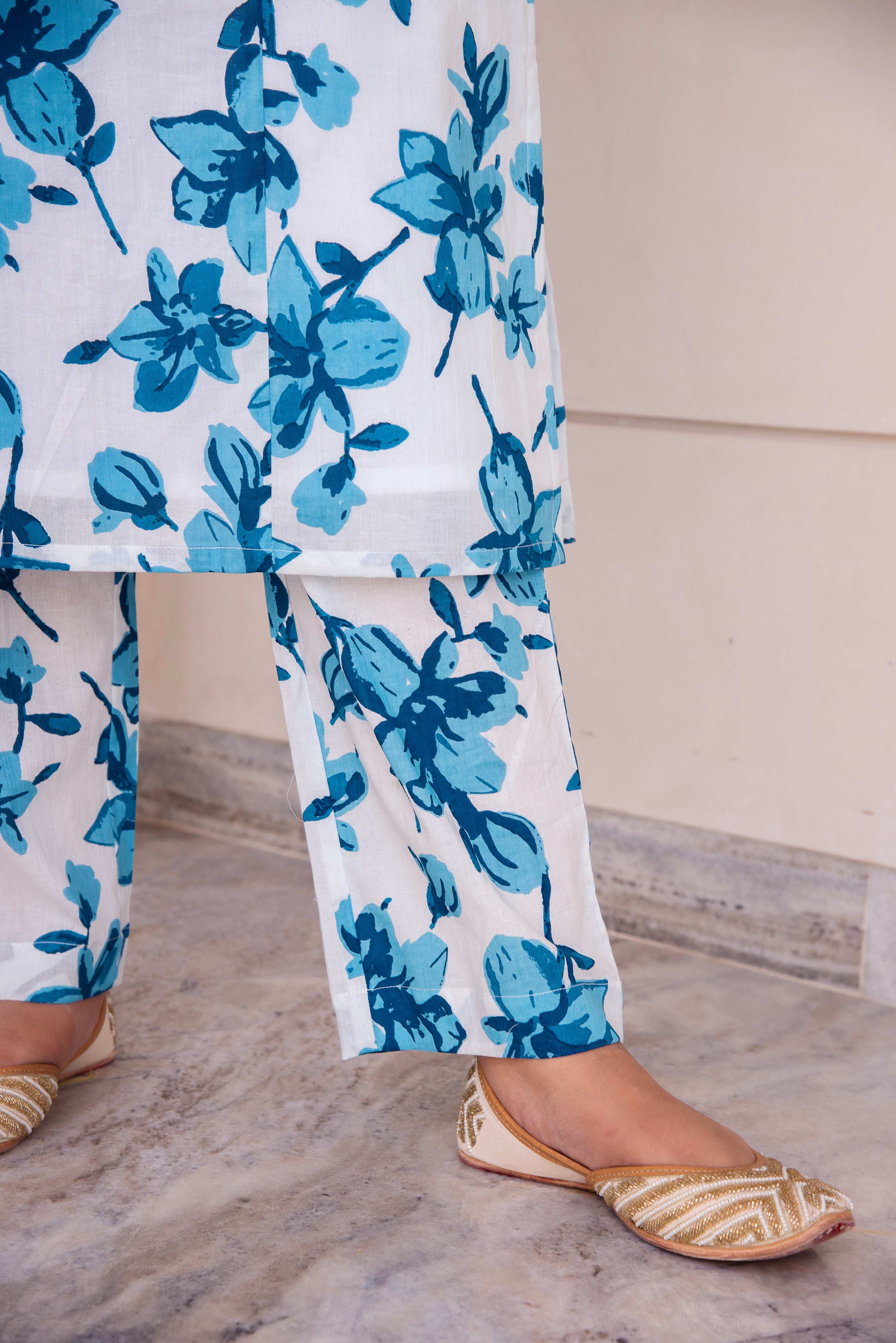 Pomcha Jaipur Kapas Blue Lilly Sleeveless Co-Ord Set - Distacart