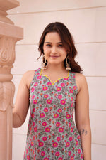 Thumbnail for Pomcha Jaipur Kapas Pink Floral Sleeveless Suit Set - Distacart
