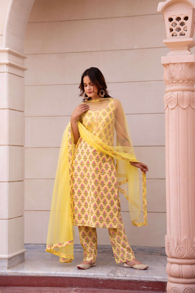 Pomcha Jaipur Kapas Lemon Yellow Floral Sleeveless Suit Set - Distacart