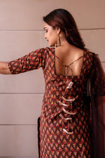 Thumbnail for Pomcha Jaipur Kapas Red Phool Brown Suit Set - Distacart