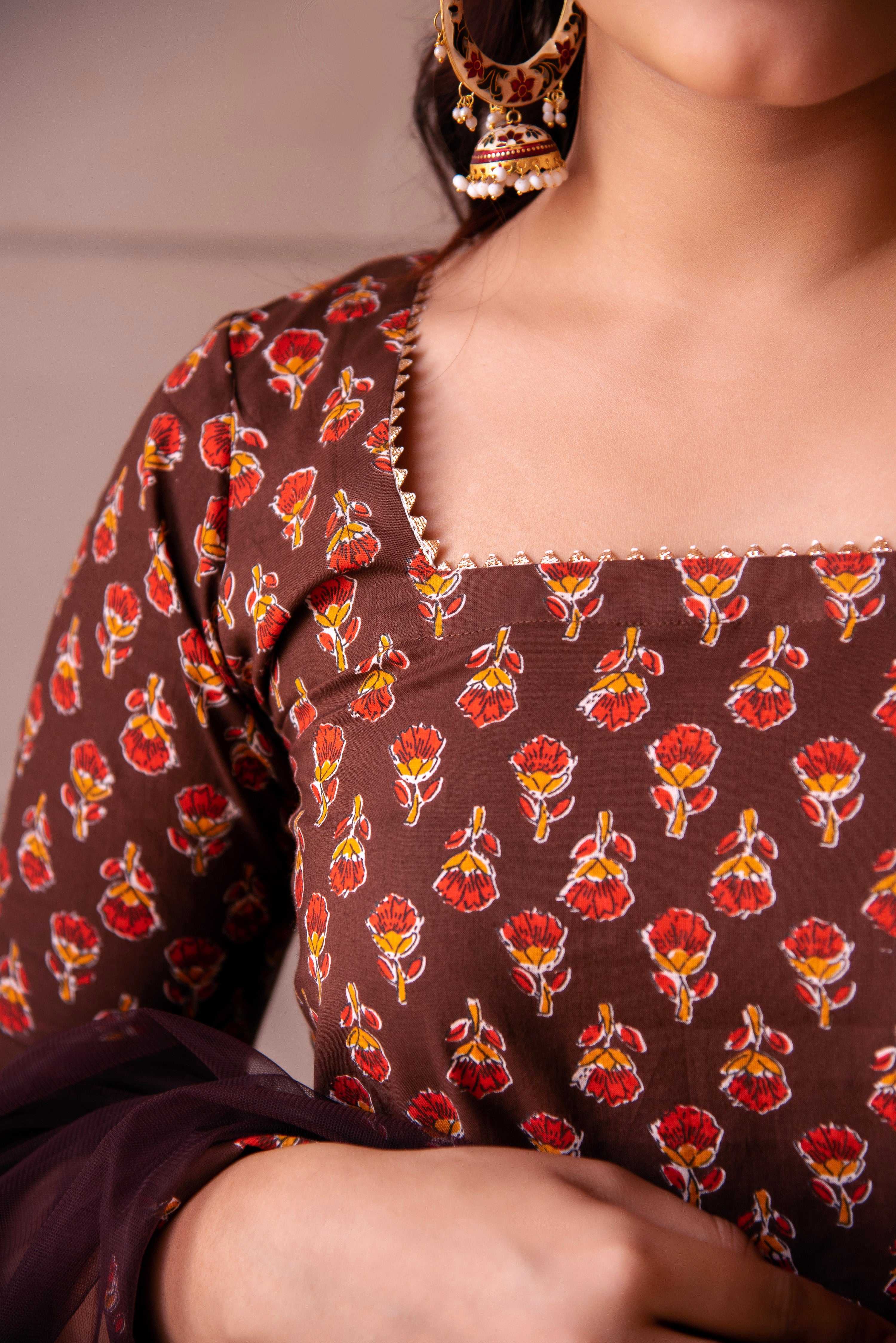 Pomcha Jaipur Kapas Red Phool Brown Suit Set - Distacart