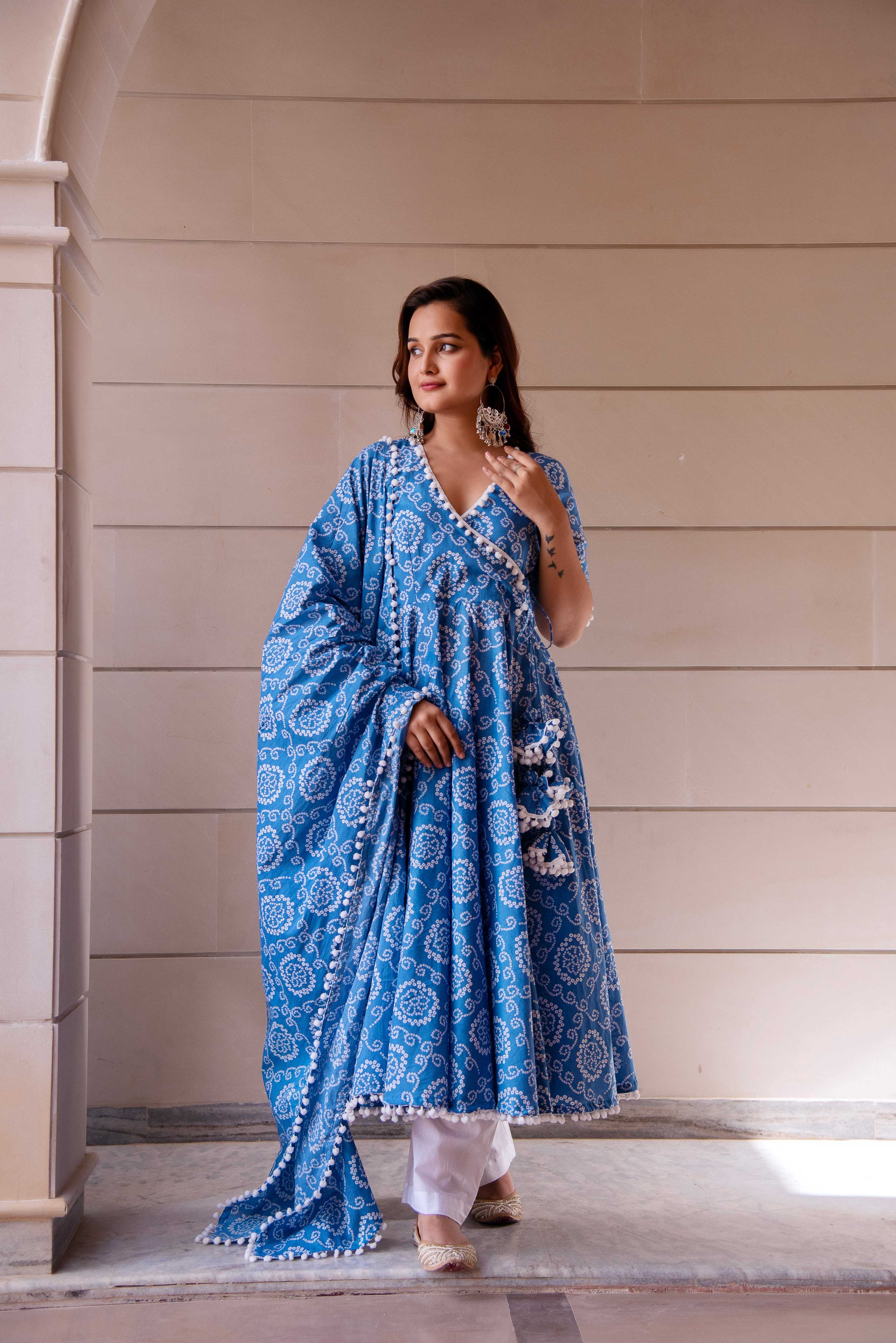 Pomcha Jaipur Kapas Blue Bandhej Angrakha Set - Distacart