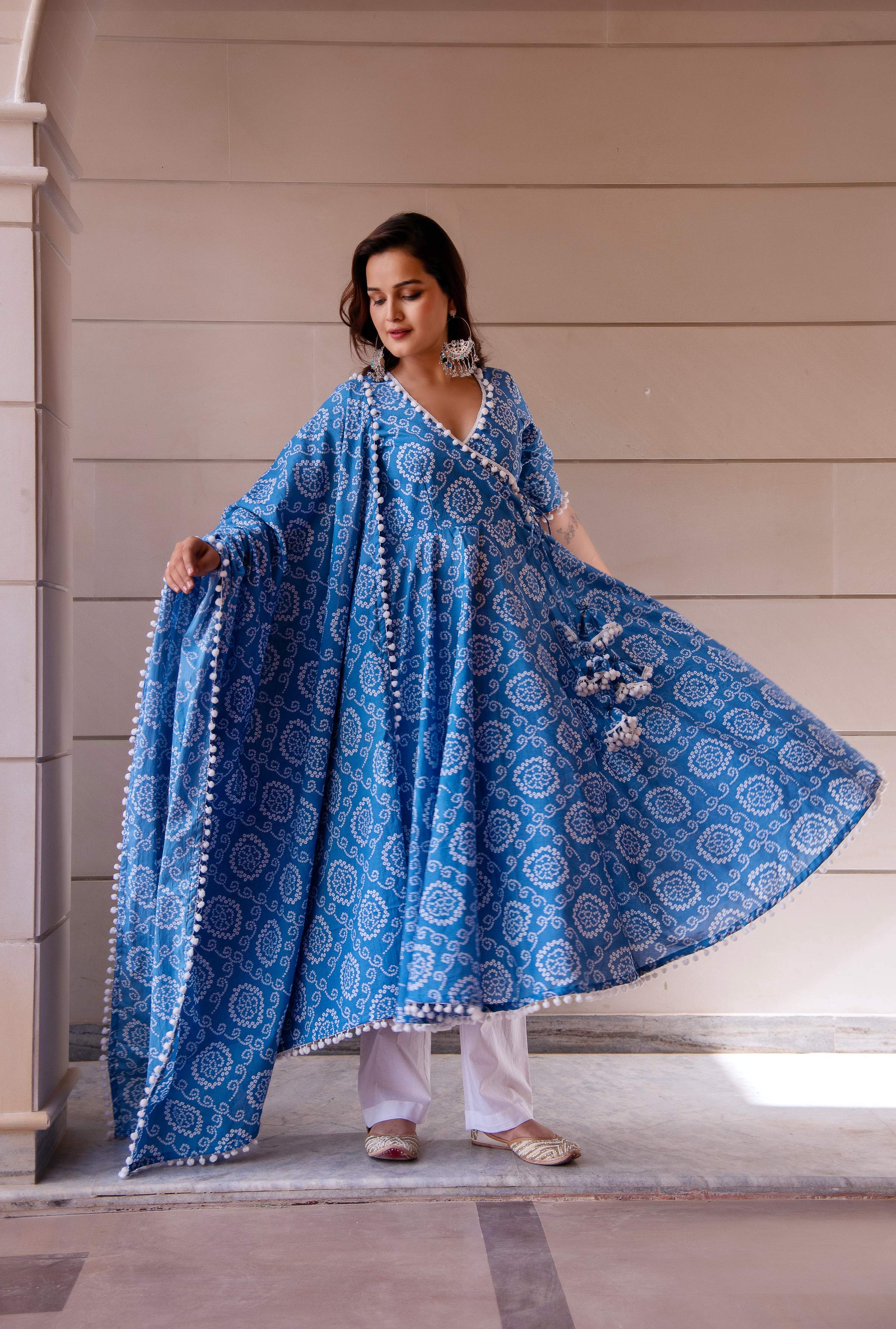 Pomcha Jaipur Kapas Blue Bandhej Angrakha Set - Distacart