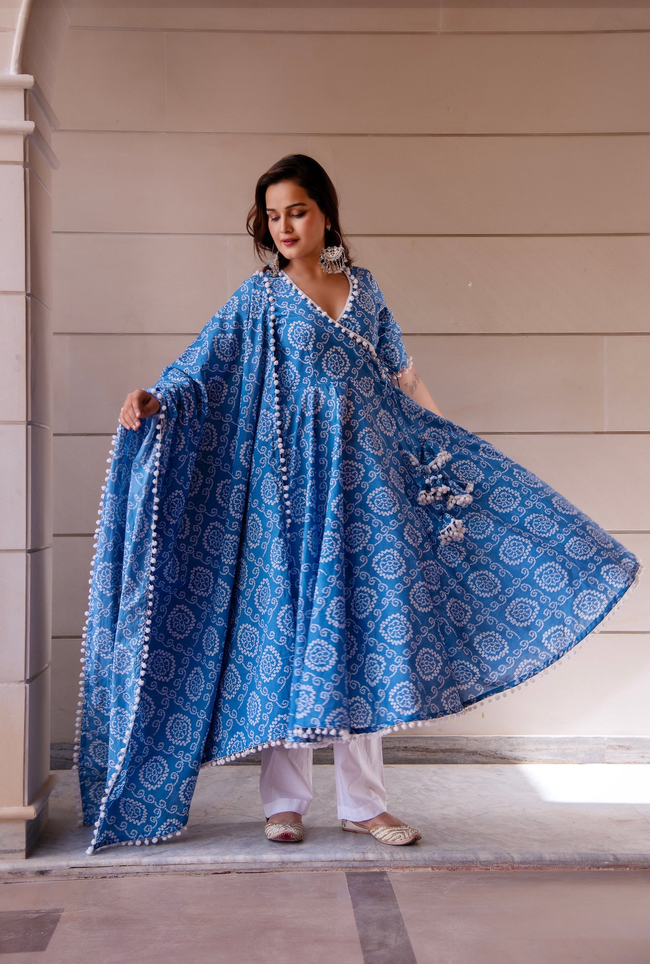 Pomcha Jaipur Kapas Blue Bandhej Angrakha Set