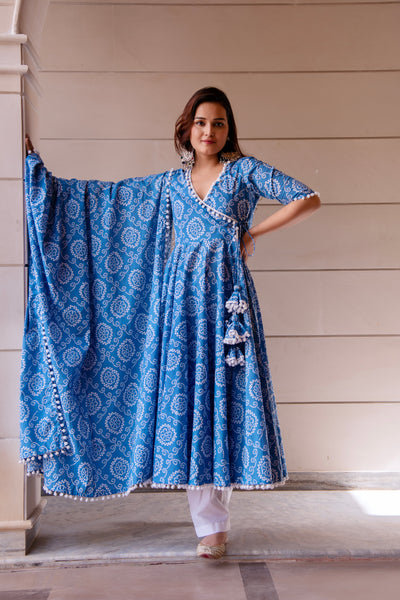 Pomcha Jaipur Kapas Blue Bandhej Angrakha Set