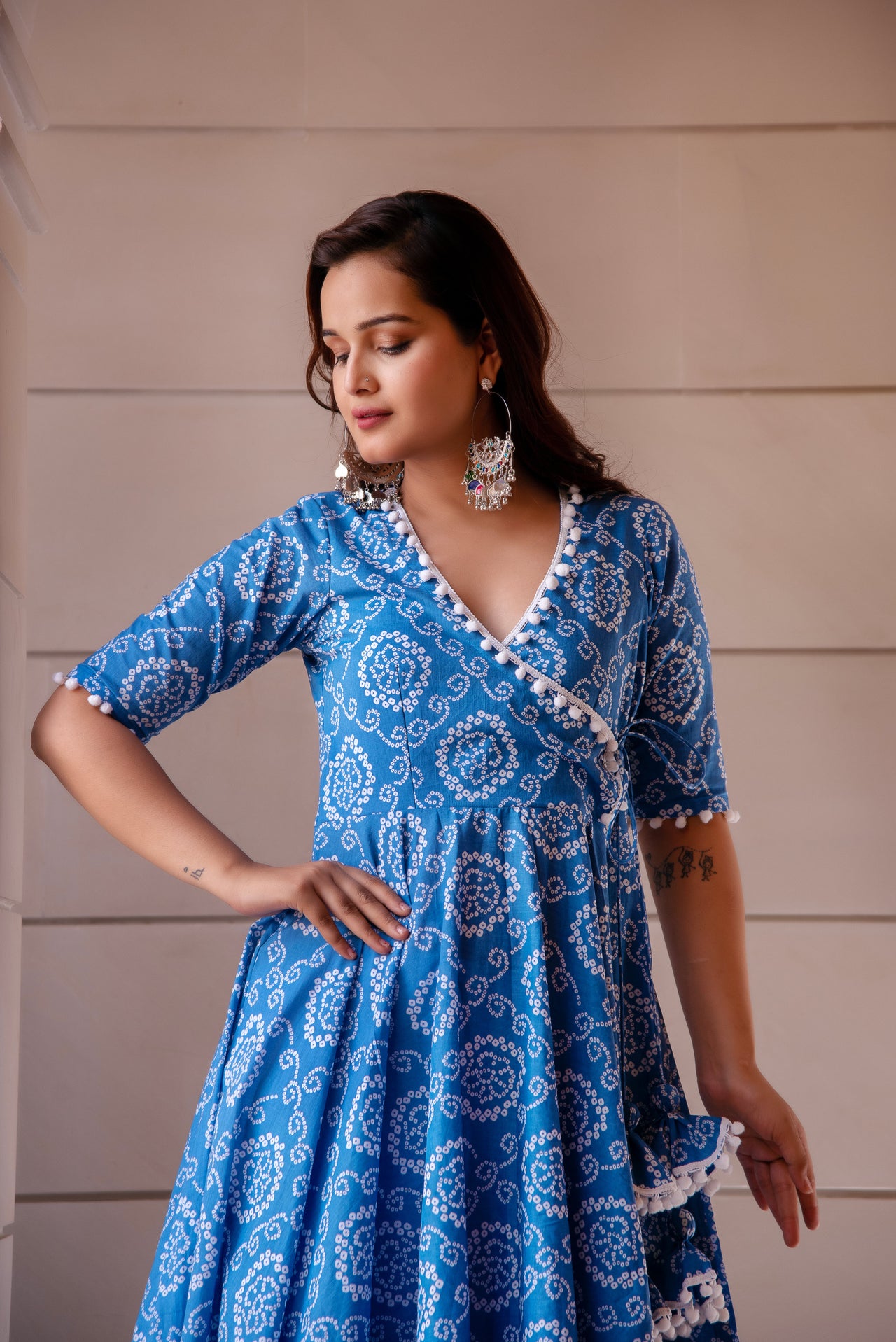 Pomcha Jaipur Kapas Blue Bandhej Angrakha Set