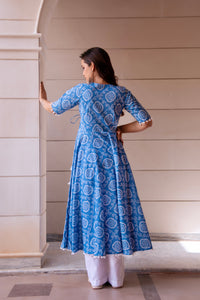 Thumbnail for Pomcha Jaipur Kapas Blue Bandhej Angrakha Set