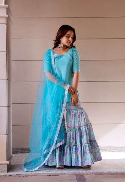 Pomcha Jaipur Kapas Pastel Blue Printed Sharara Set - Distacart