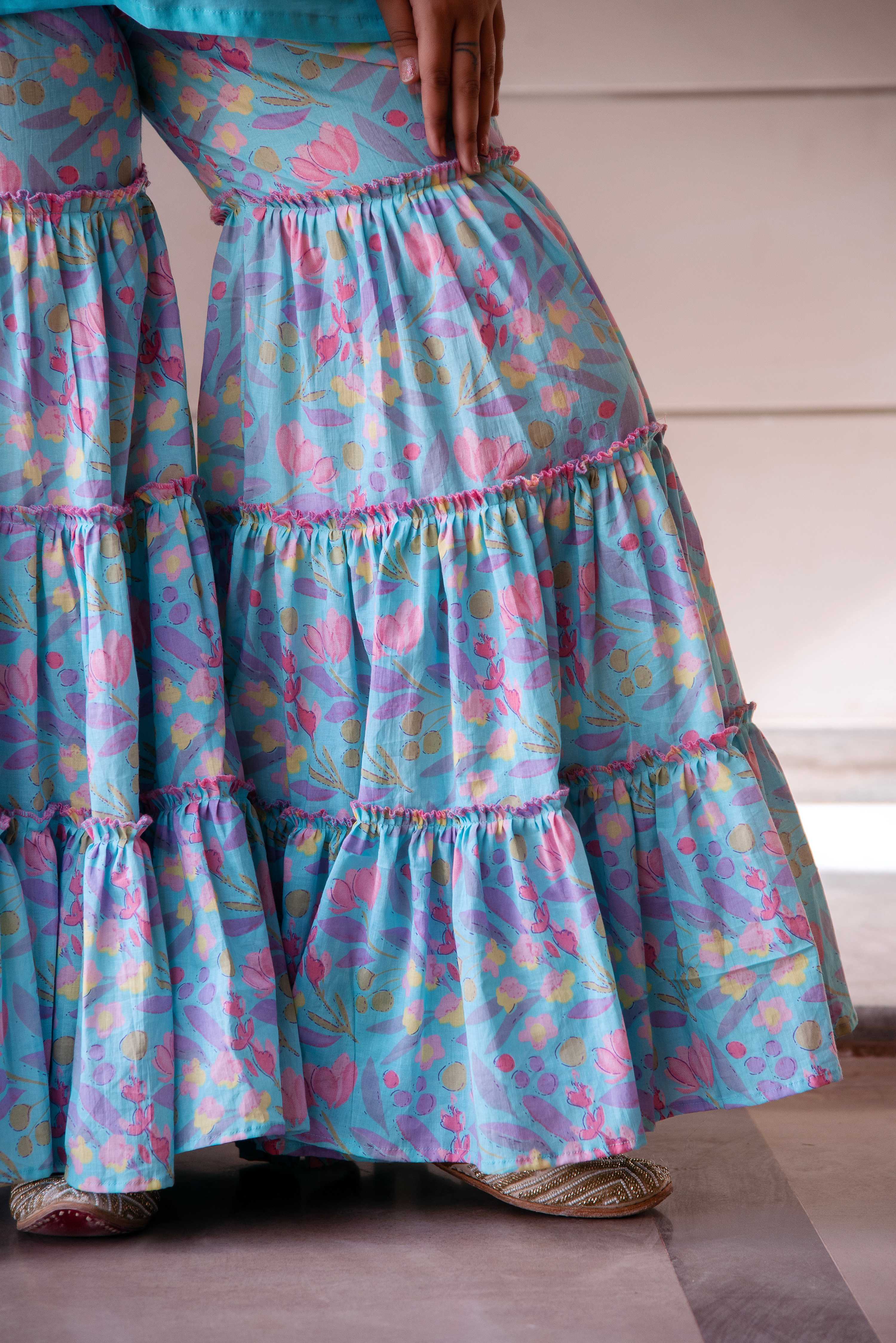 Pomcha Jaipur Kapas Pastel Blue Printed Sharara Set - Distacart