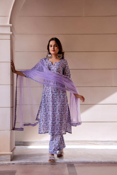 Pomcha Jaipur Kapas Lavender Floral Suit Set - Distacart