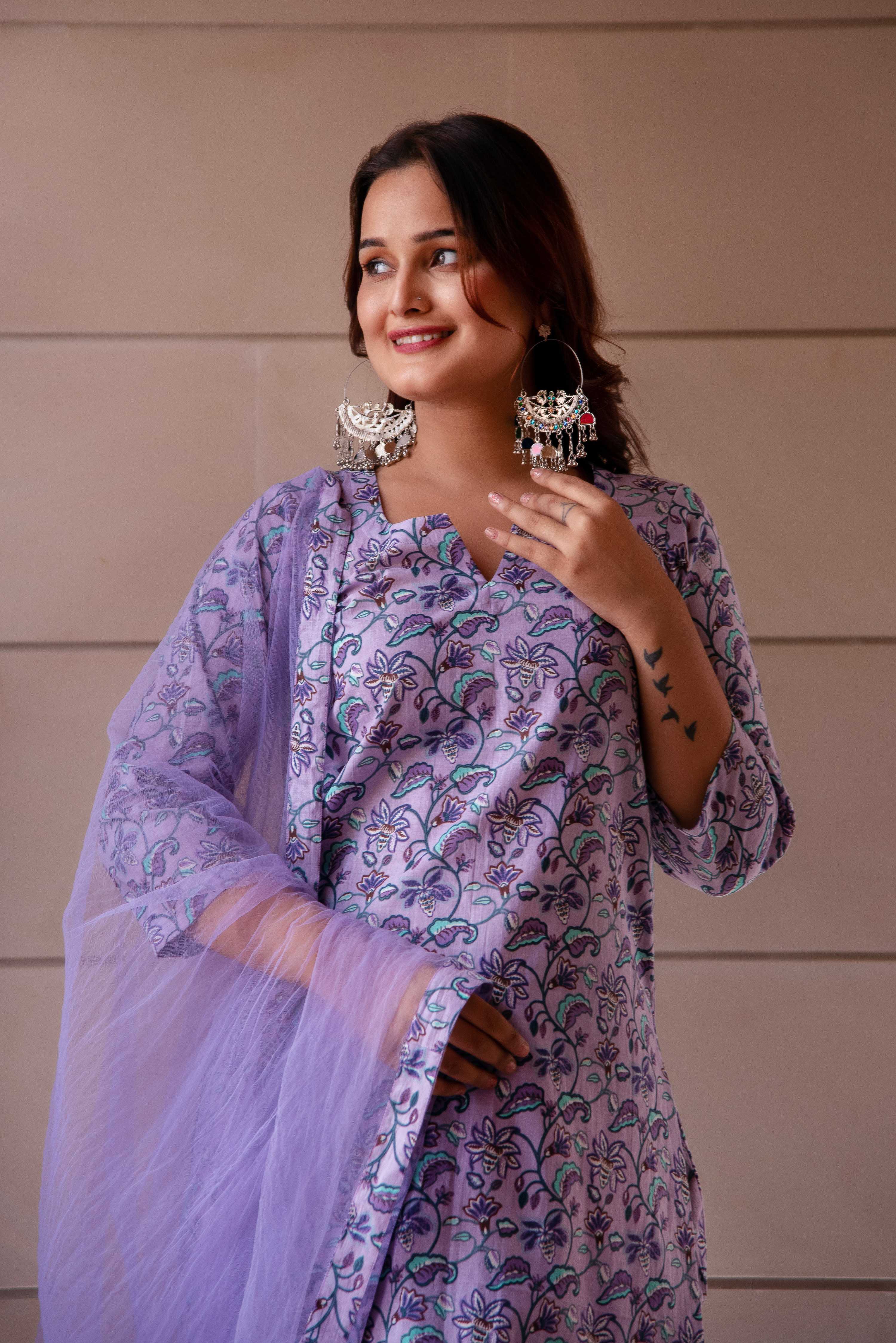 Pomcha Jaipur Kapas Lavender Floral Suit Set - Distacart