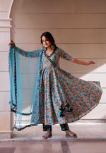 Thumbnail for Pomcha Jaipur Kapas Blue Phool Ruffle Angrakha Set - Distacart