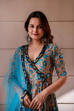 Thumbnail for Pomcha Jaipur Kapas Blue Phool Ruffle Angrakha Set - Distacart