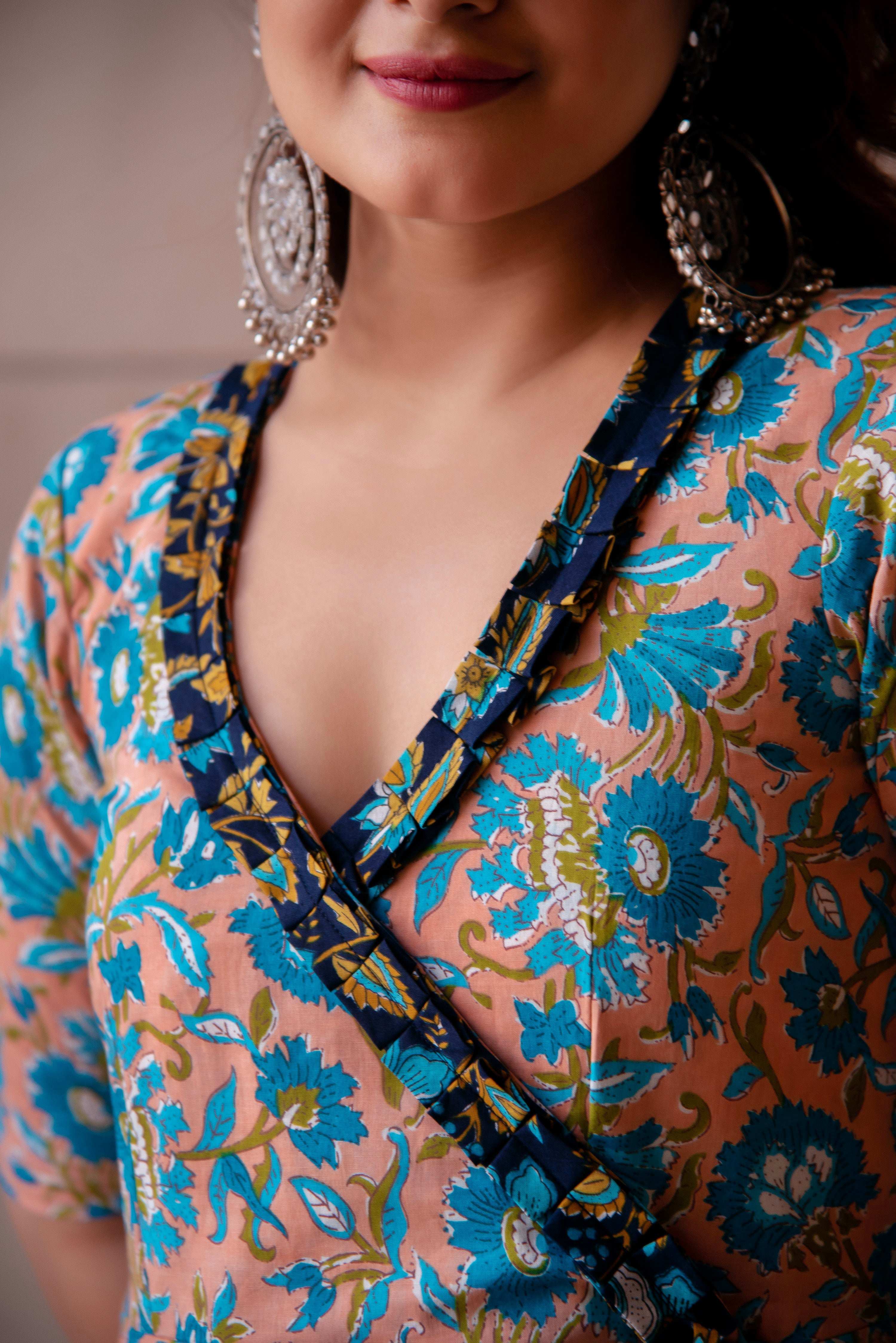 Pomcha Jaipur Kapas Blue Phool Ruffle Angrakha Set - Distacart