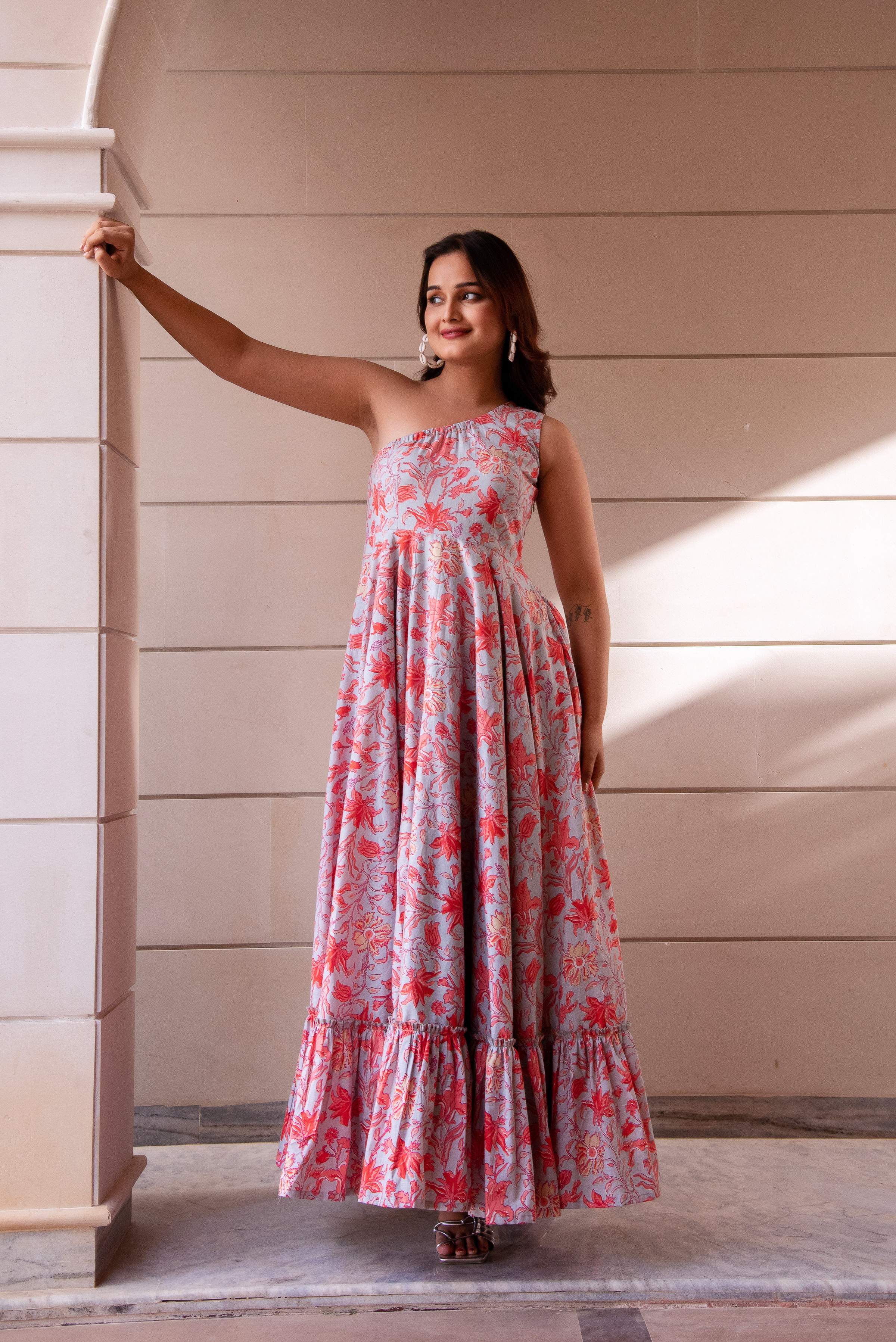 Pomcha Jaipur Kapas One Shoulder Printed Long Dress - Distacart