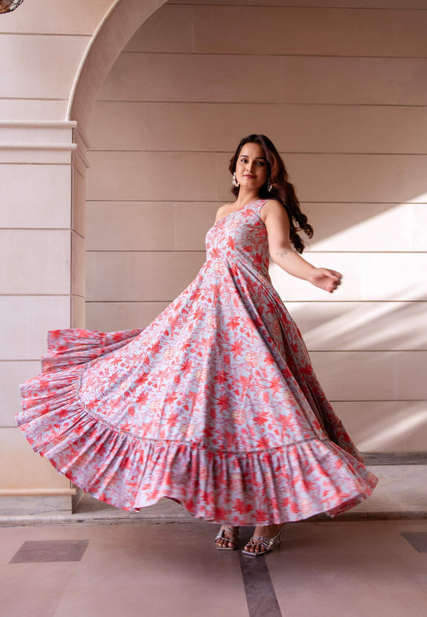 Pomcha Jaipur Kapas One Shoulder Printed Long Dress - Distacart