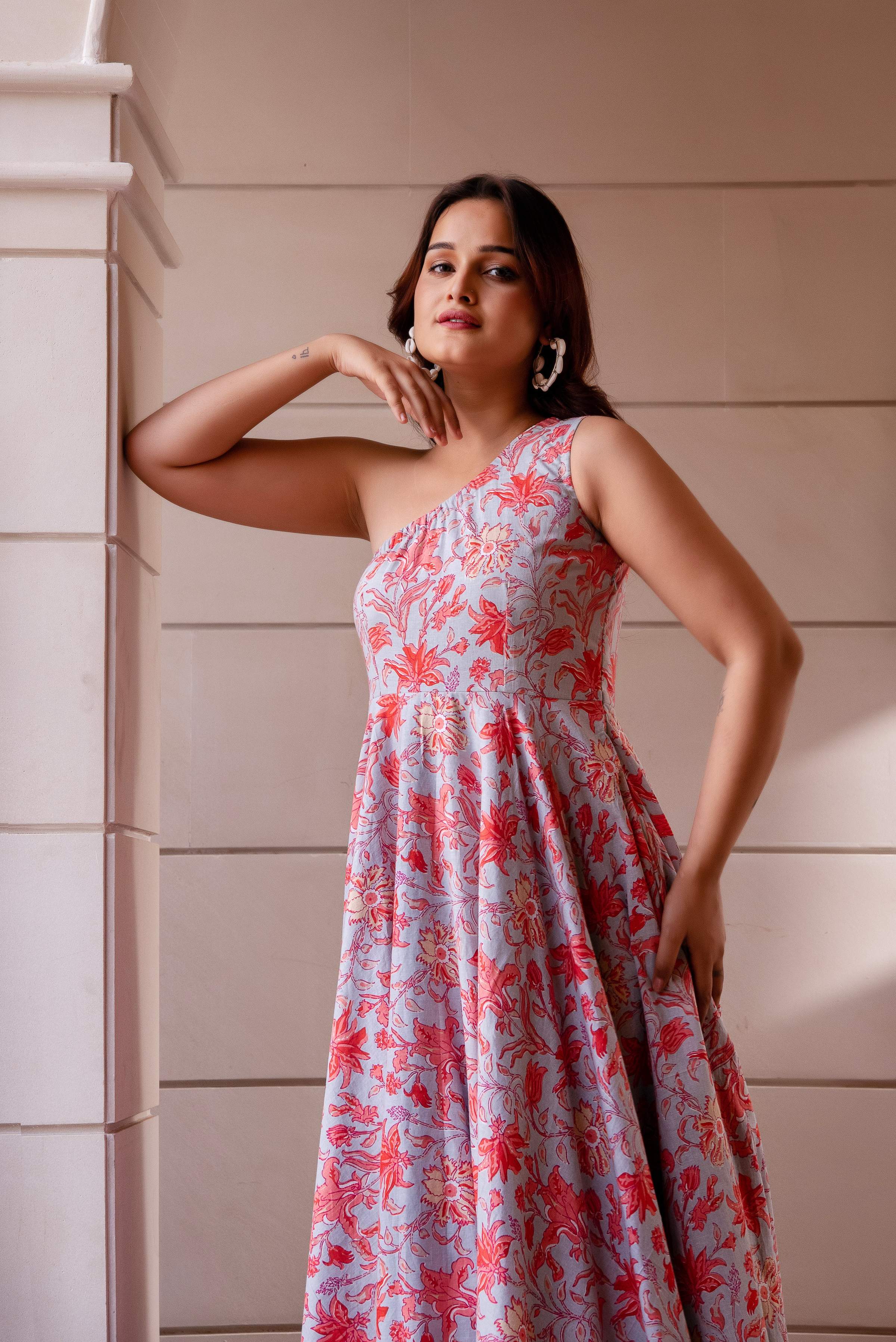 Pomcha Jaipur Kapas One Shoulder Printed Long Dress - Distacart