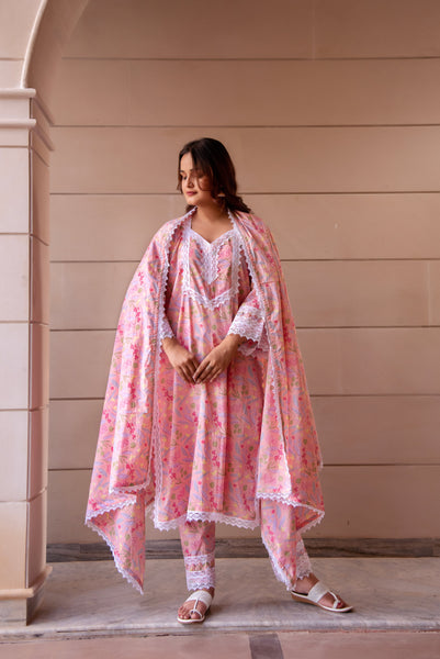 Pomcha Jaipur Kapas Pastel Peach Lace Suit Set