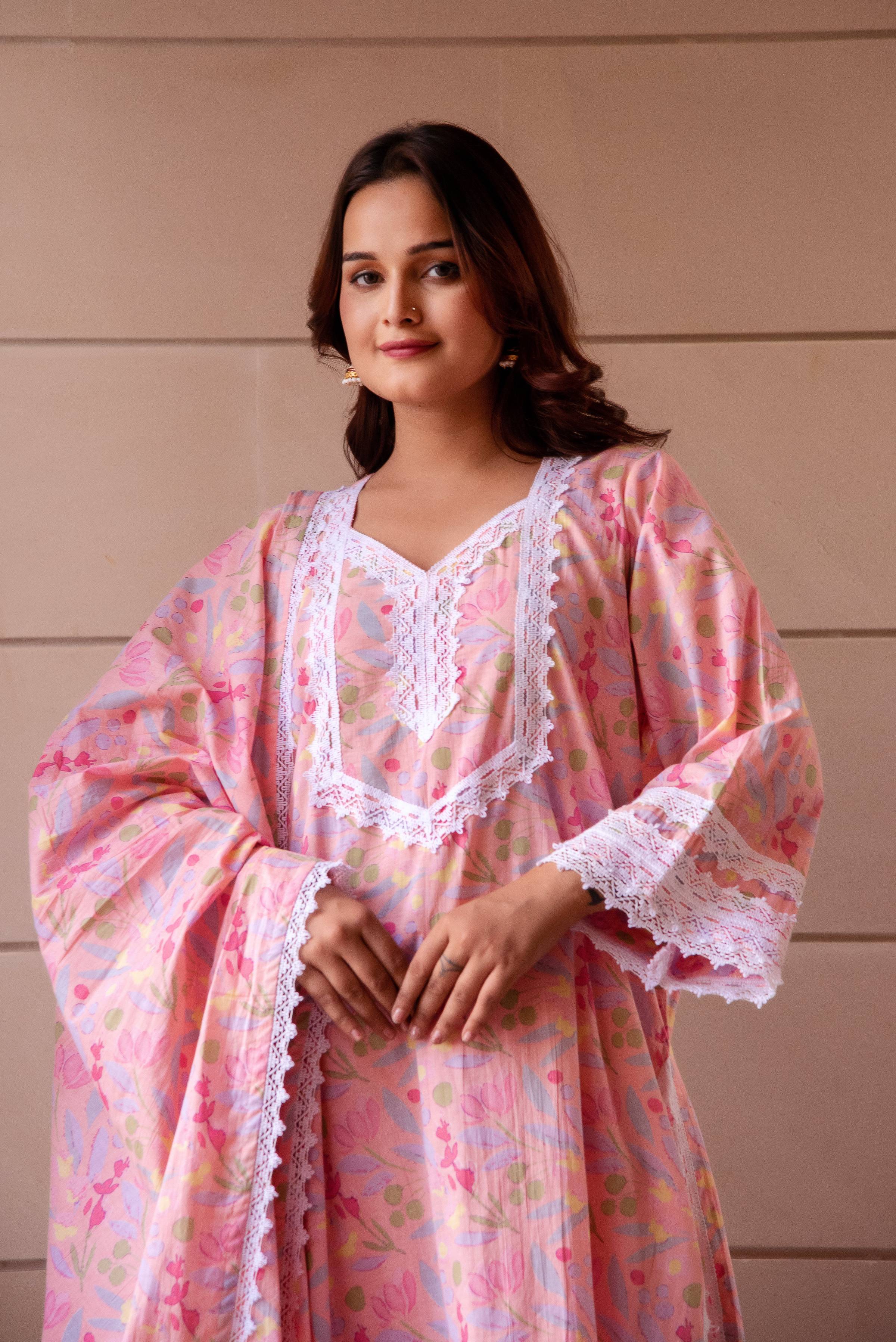 Pomcha Jaipur Kapas Pastel Peach Lace Suit Set - Distacart
